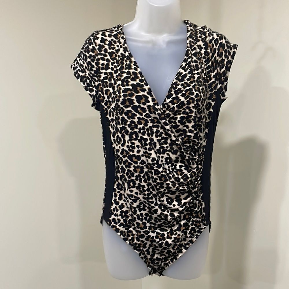 NWOT Almost Famous Leopard Bodysuit leotard with snaps.  Size L large 12/14
